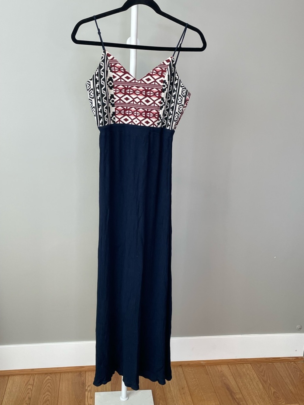 Flying Tomato Boho Maxi Dress with Aztec Print Bodice - Navy and Burgundy XS